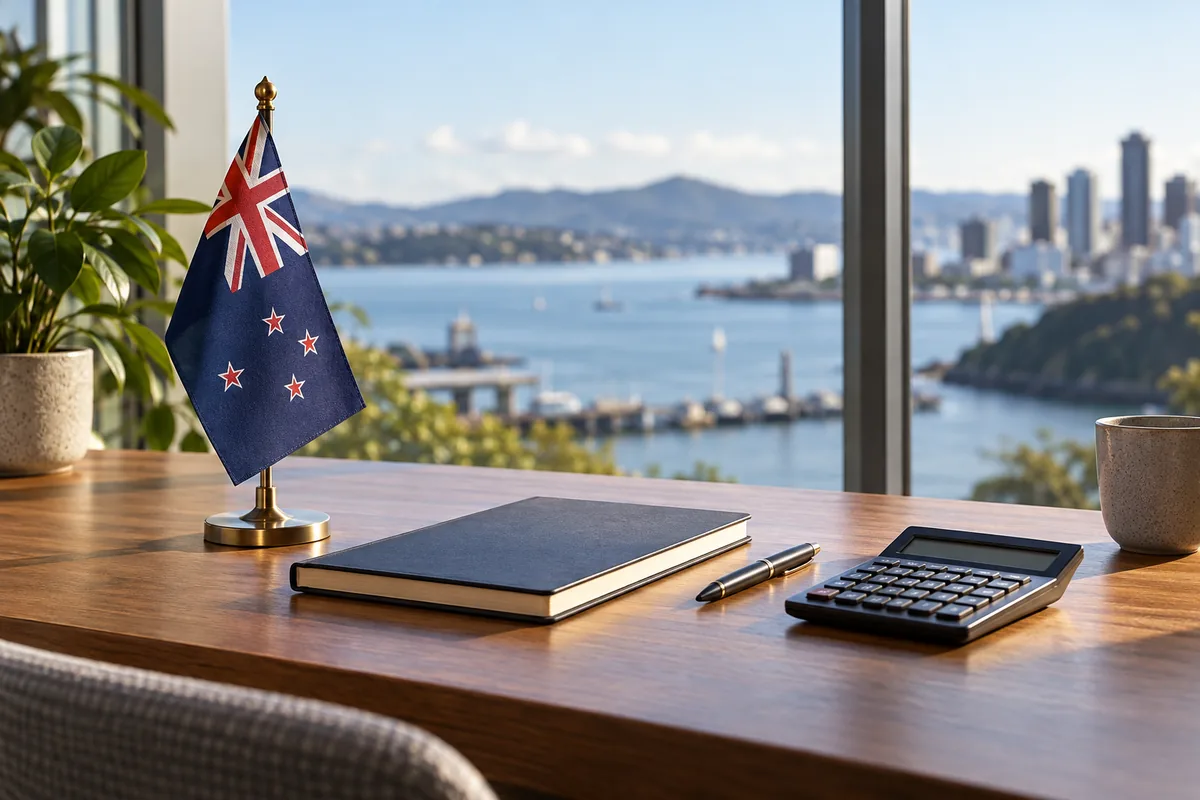 New Zealand flag, notebook and calculator on a desk