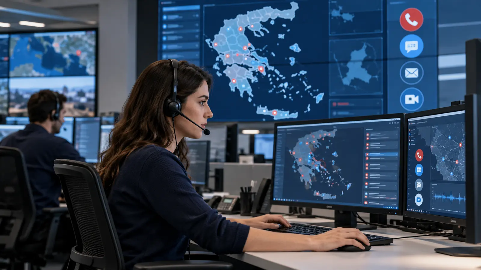 Emergency call-centre operator at screens displaying maps and communication channels