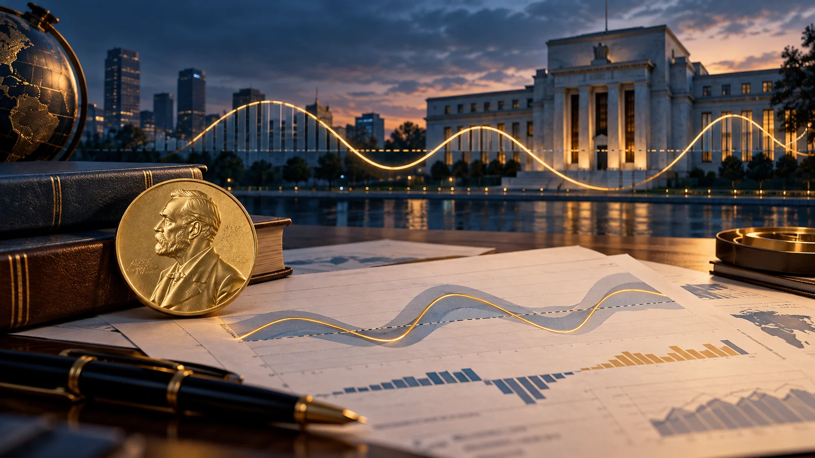 Gold medal beside economic charts and a central-bank building