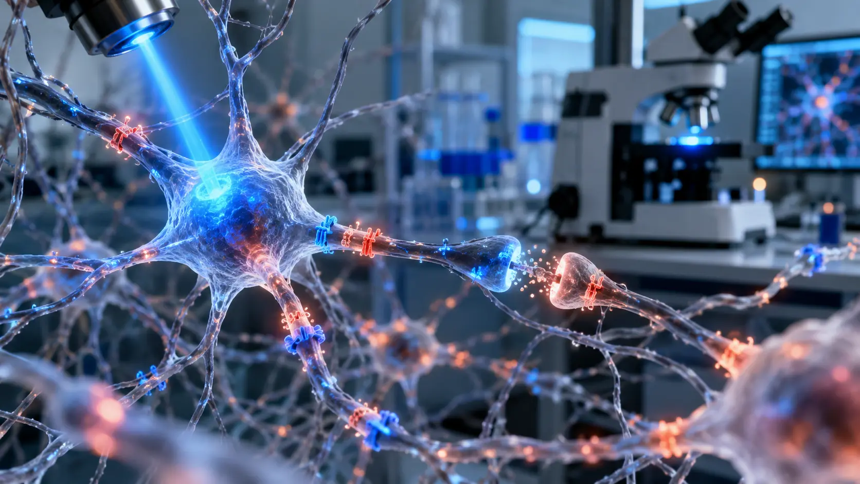 A nerve cell is selectively activated by blue light in a laboratory setting