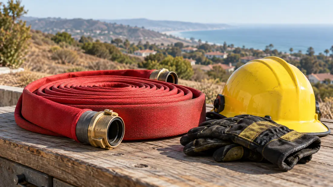 Red fire hose, yellow helmet and gloves with dry coastal hills in the background