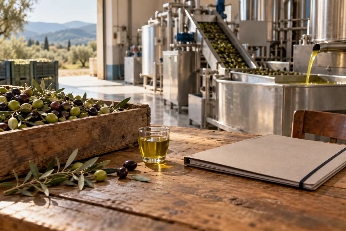 Olives and olive oil on a table in a cooperative processing workspace