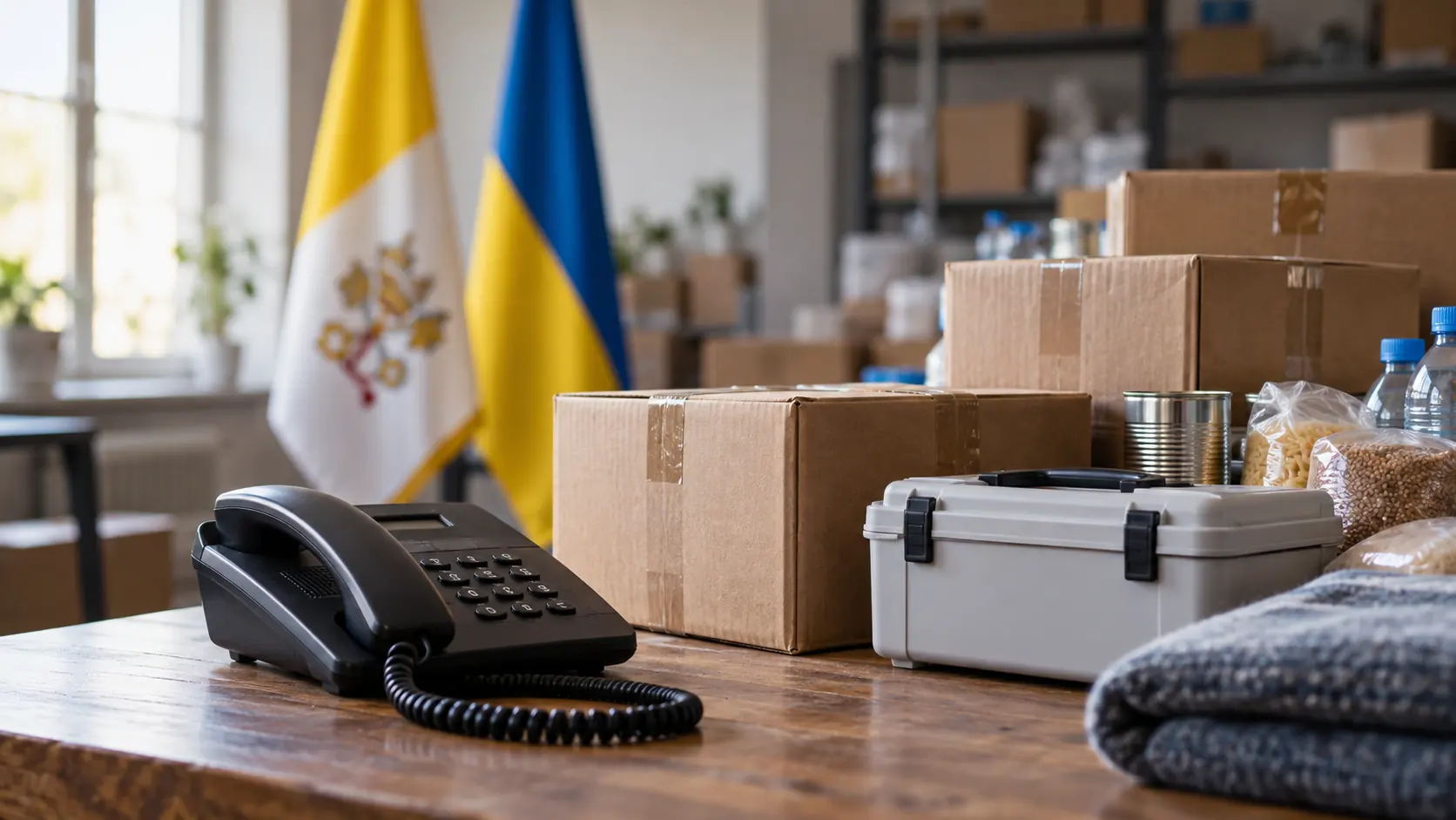 Telephone, supply boxes and a closed first aid case with Vatican and Ukrainian flags in the background