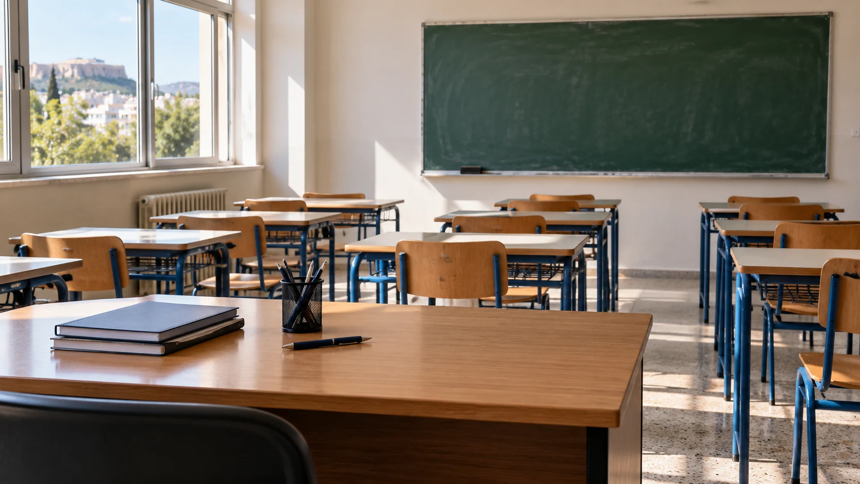 Empty secondary-school classroom with desks and a chalkboard