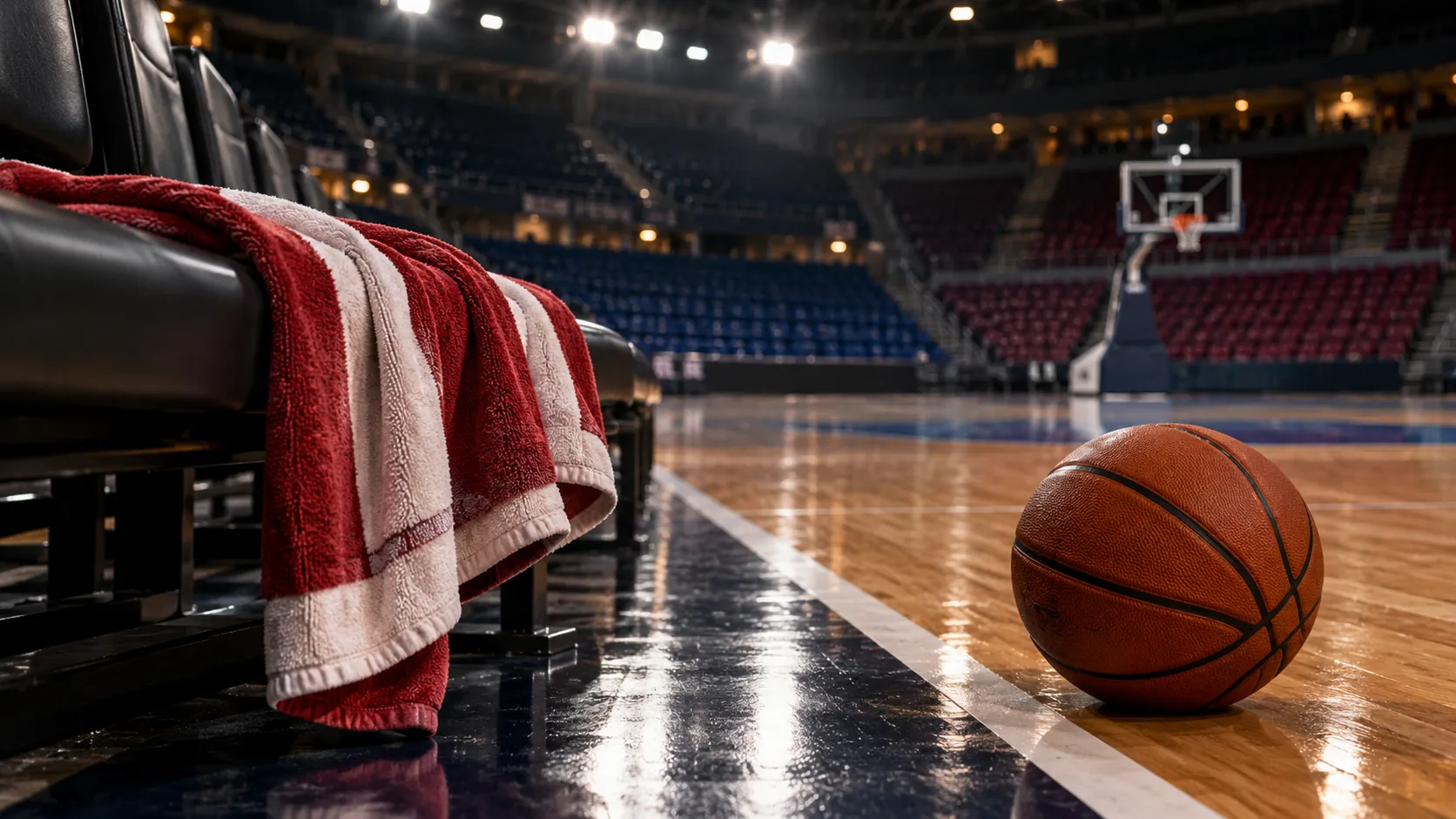 A basketball beside an empty bench with a red and white towel inside an indoor arena