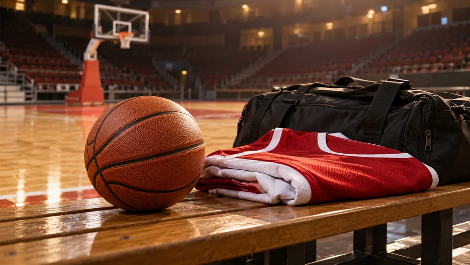A basketball and a red jersey on a bench beside an indoor court