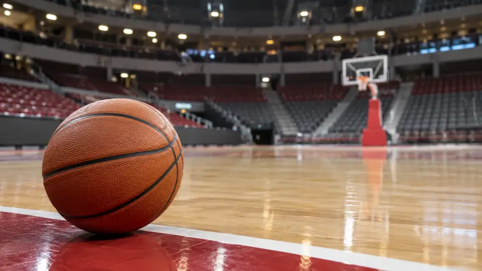 Basketball on the floor of an indoor court with a hoop in the background