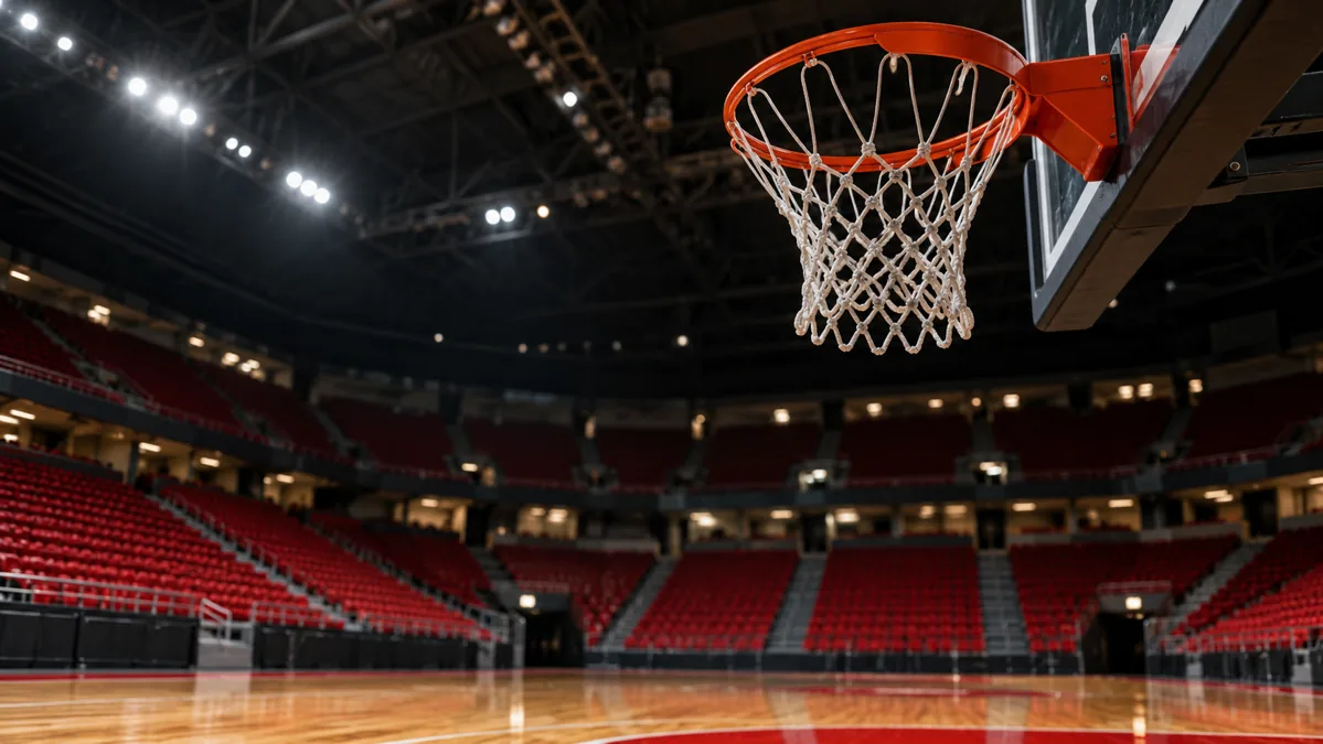 Basketball hoop in an empty indoor arena with red seats