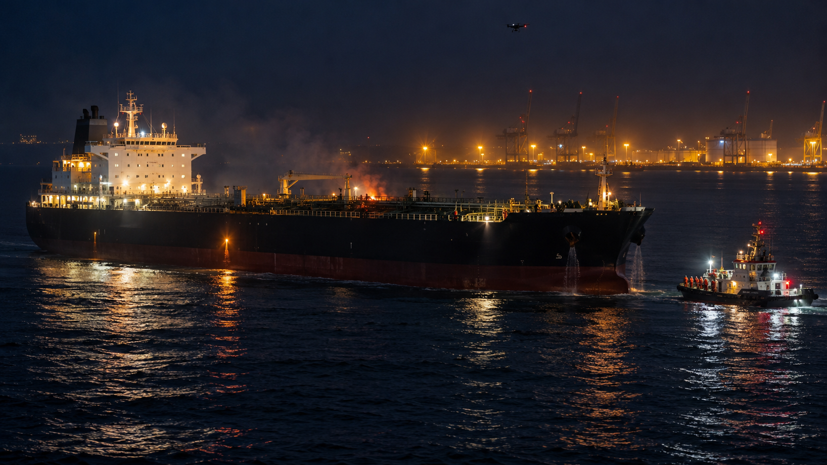 A tanker at night near an illuminated port as a rescue vessel approaches