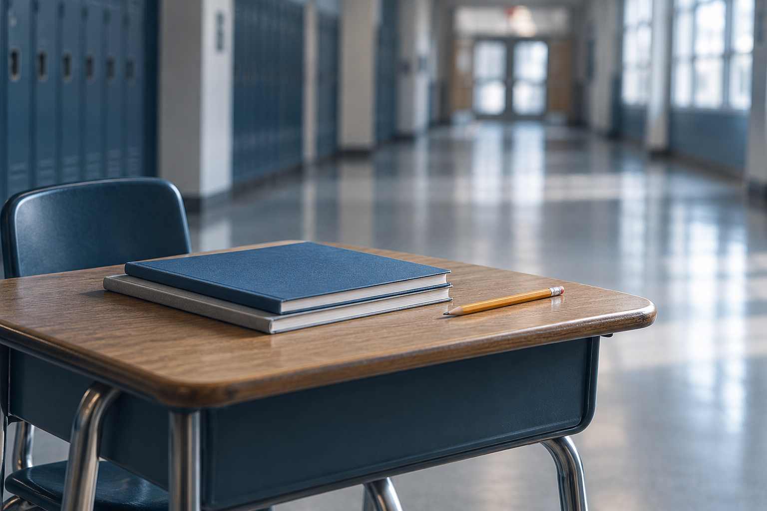 Empty school desk with closed exercise books and a pencil in a quiet corridor