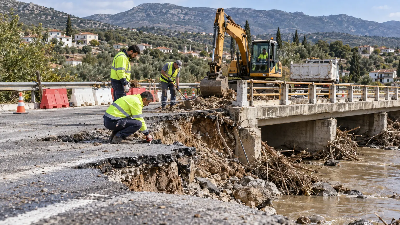 Crew repairing a road and bridge after severe weather