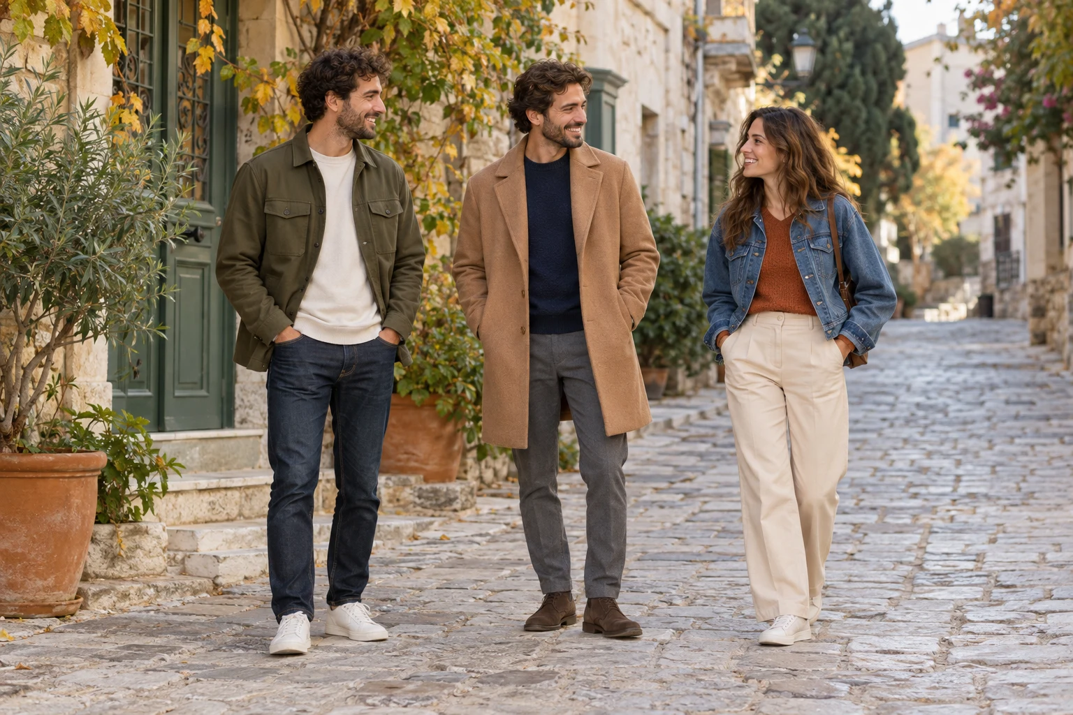 Three adults wearing autumn layers in different colour combinations