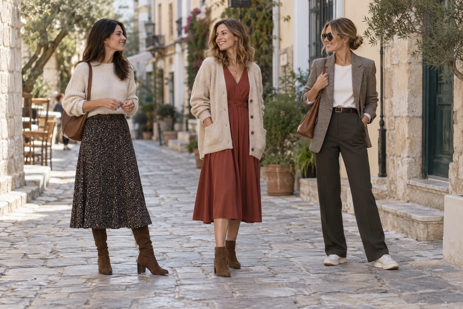 Three women wearing a knit and midi skirt, a dress with a cardigan, and a blazer with straight trousers