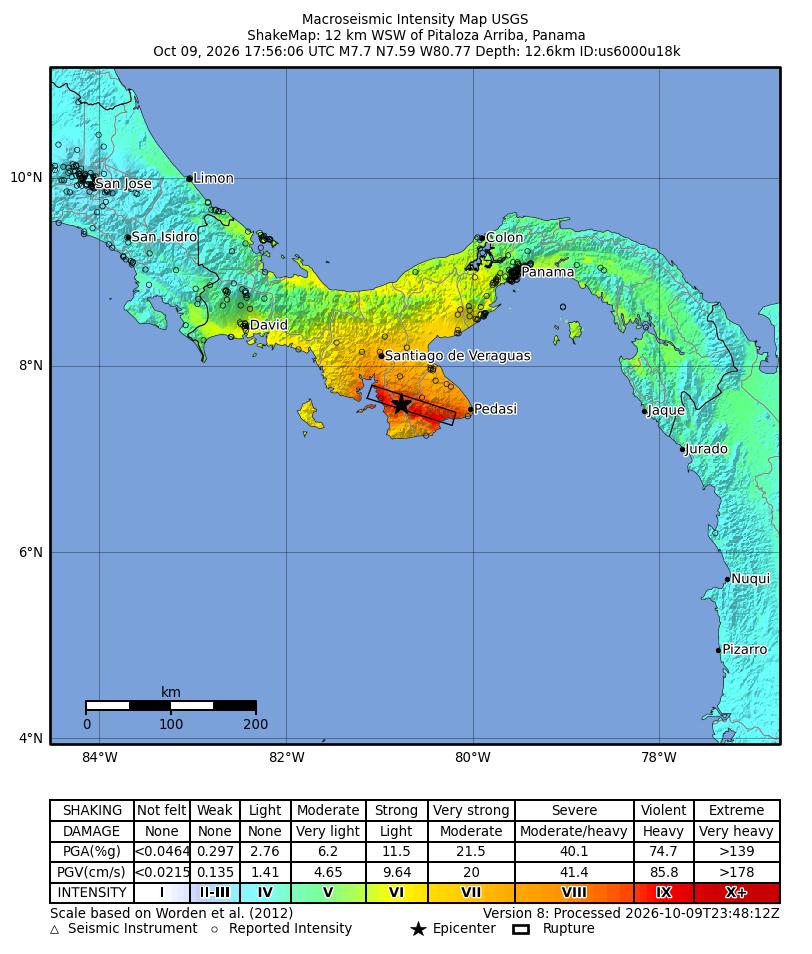 Official USGS map of estimated shaking intensity in Panama