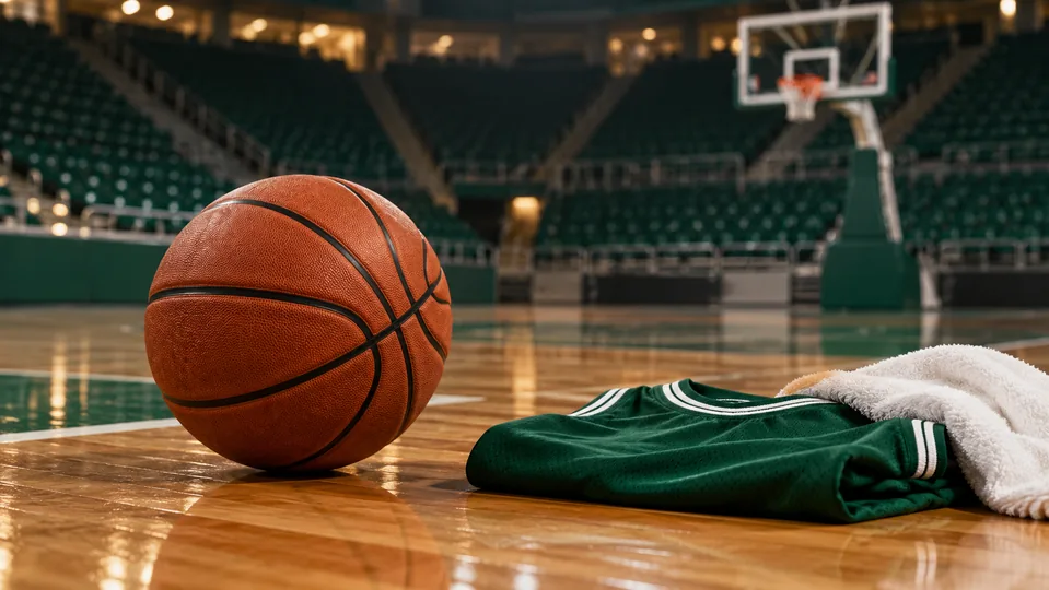 A basketball and green jersey beside a towel on an indoor court
