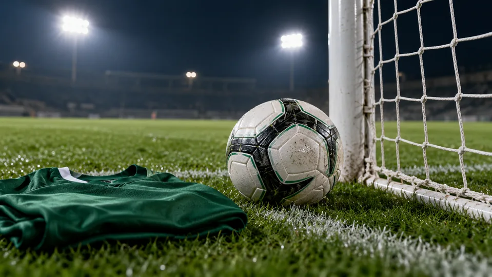 A football and a green jersey beside a goal net