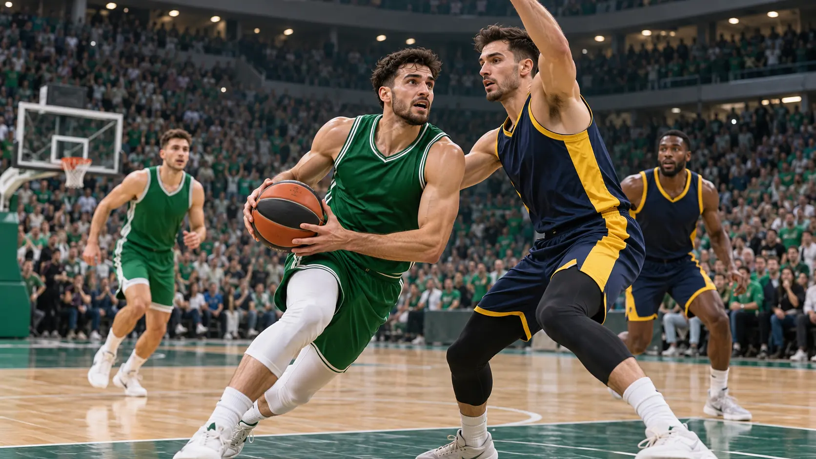 A player in green drives against a defender in navy and yellow in a packed indoor basketball arena