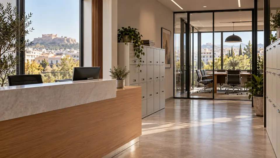 A generic university administrative office with reception desk, filing cabinets and a meeting room