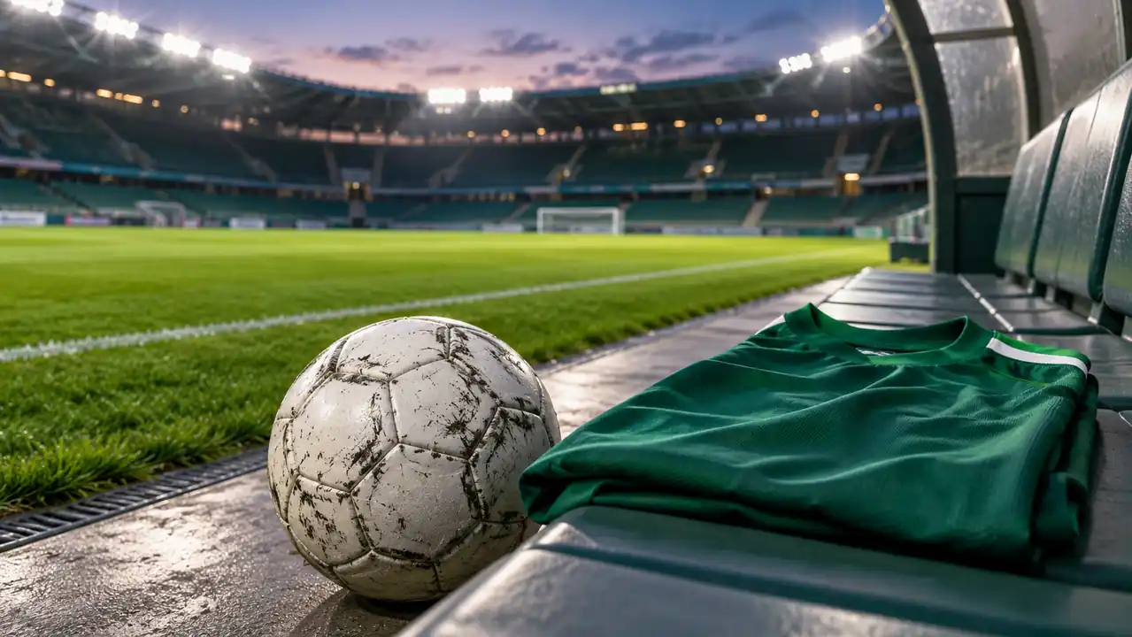 White football and folded green jersey on a bench beside an empty football pitch