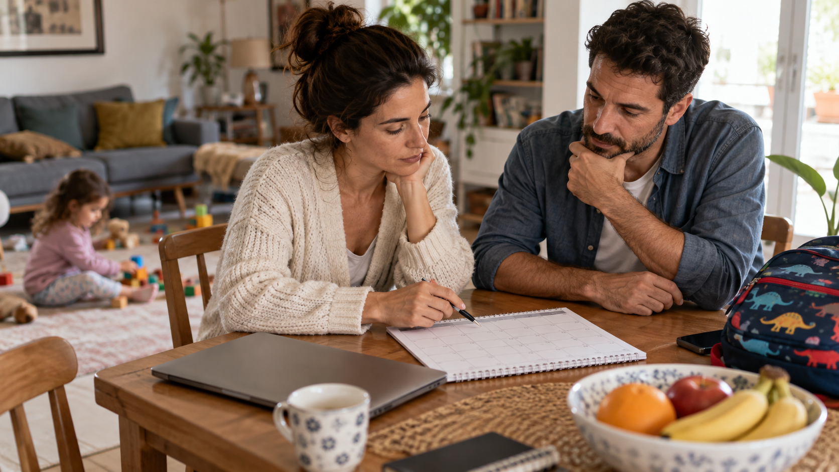 Parents planning a family calendar at home, with a laptop and school bag nearby