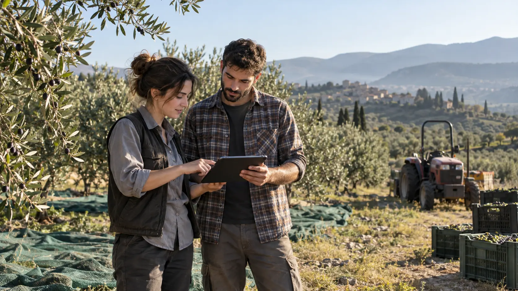 Two young farmers review a farm plan on a tablet in an olive grove