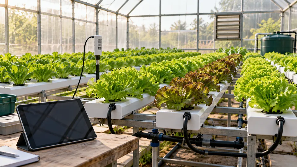 Lettuce in a hydroponic greenhouse with a sensor and portable screen