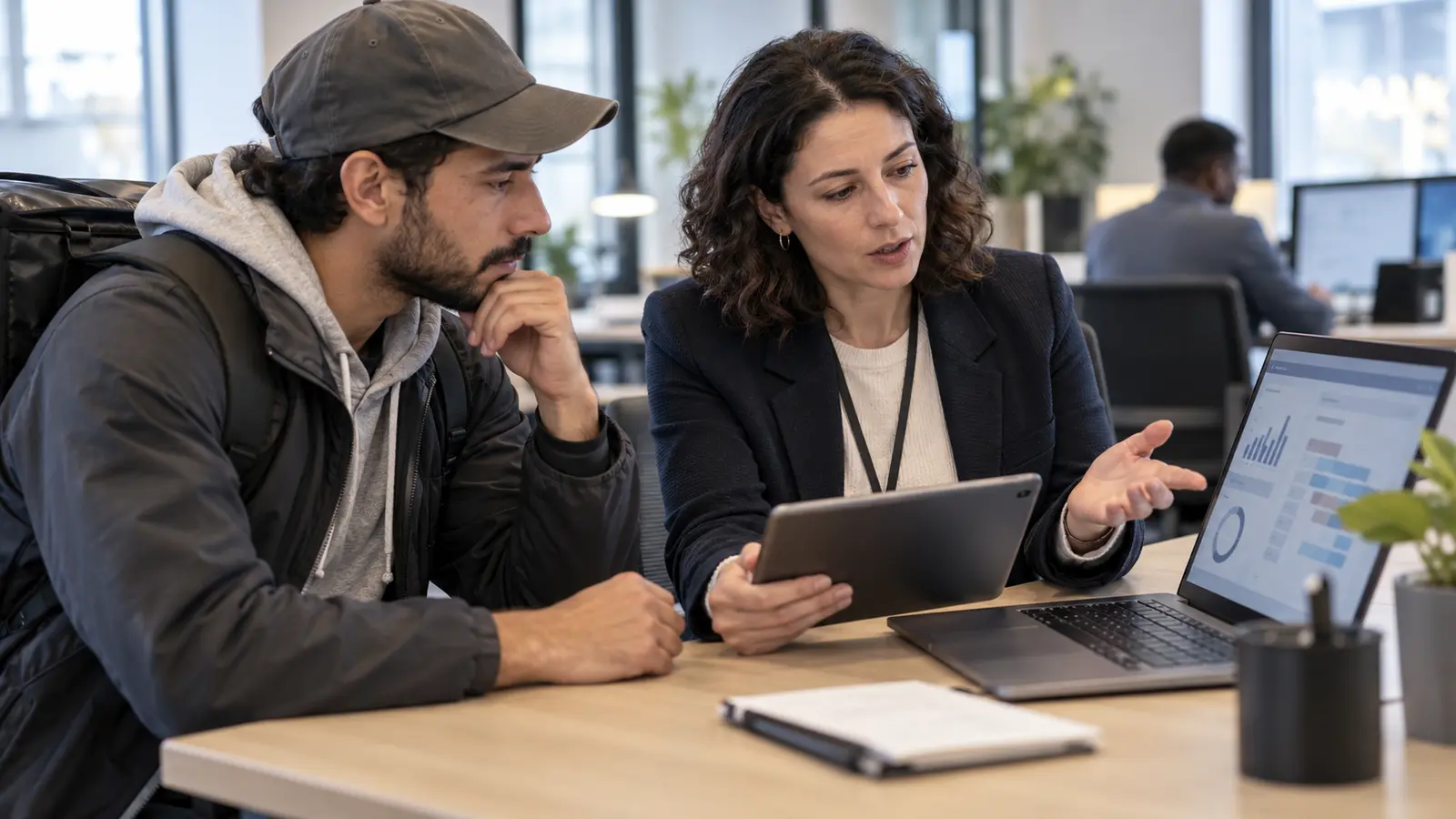 Delivery worker discussing workforce data with a human-resources professional