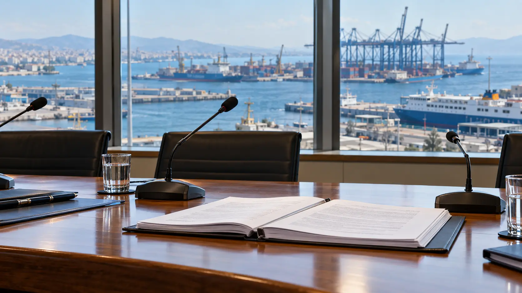 Meeting room with a bill folder and a Greek commercial port in the background
