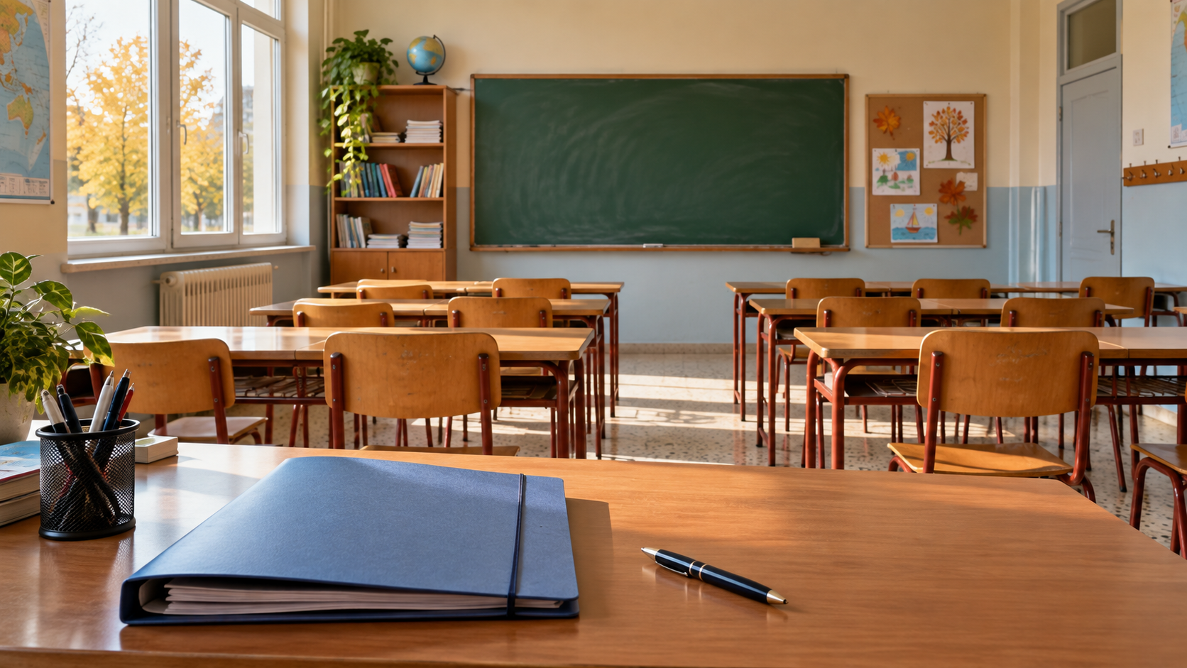 Empty primary classroom with desks, a green chalkboard and a folder on the teacher’s desk