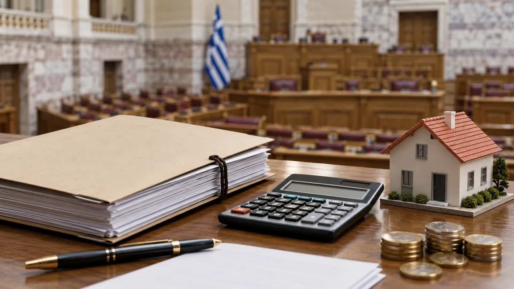 Legislative folder, calculator and model house with a parliamentary chamber in the background