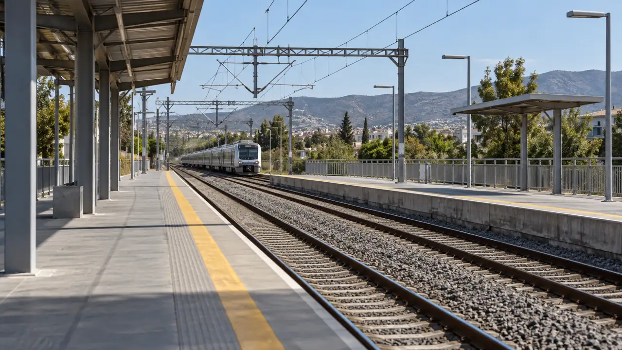 Empty suburban railway platform with an electric commuter train in the distance