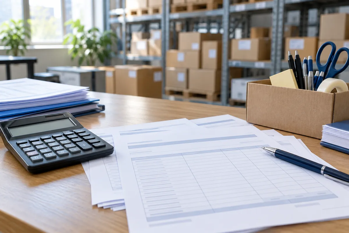 Calculator, procurement documents and a box of office supplies on a desk
