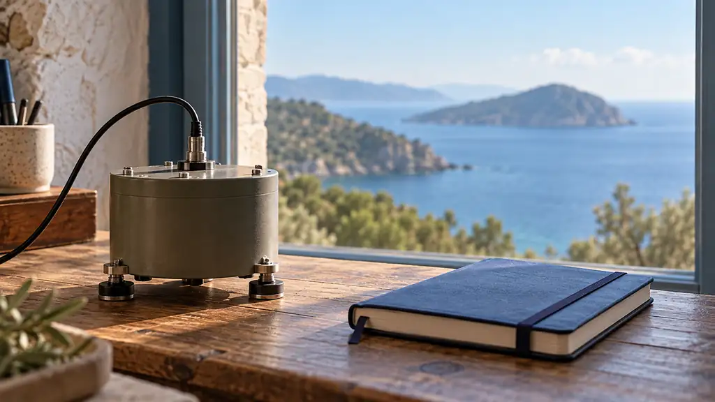 Seismic monitoring sensor and closed notebook on a desk overlooking the sea