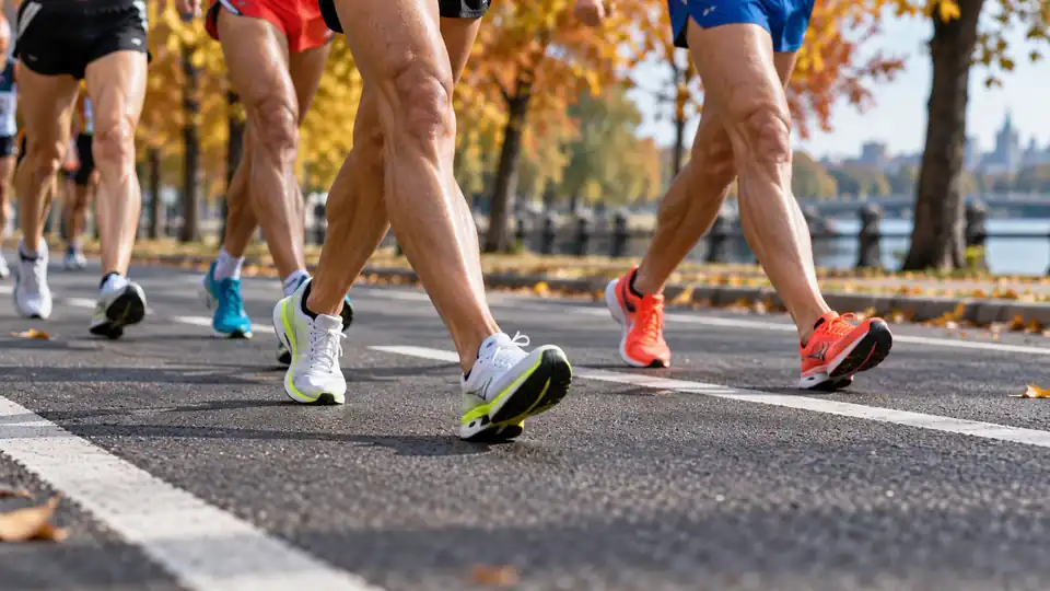 Race walkers’ legs on an asphalt course with autumn trees