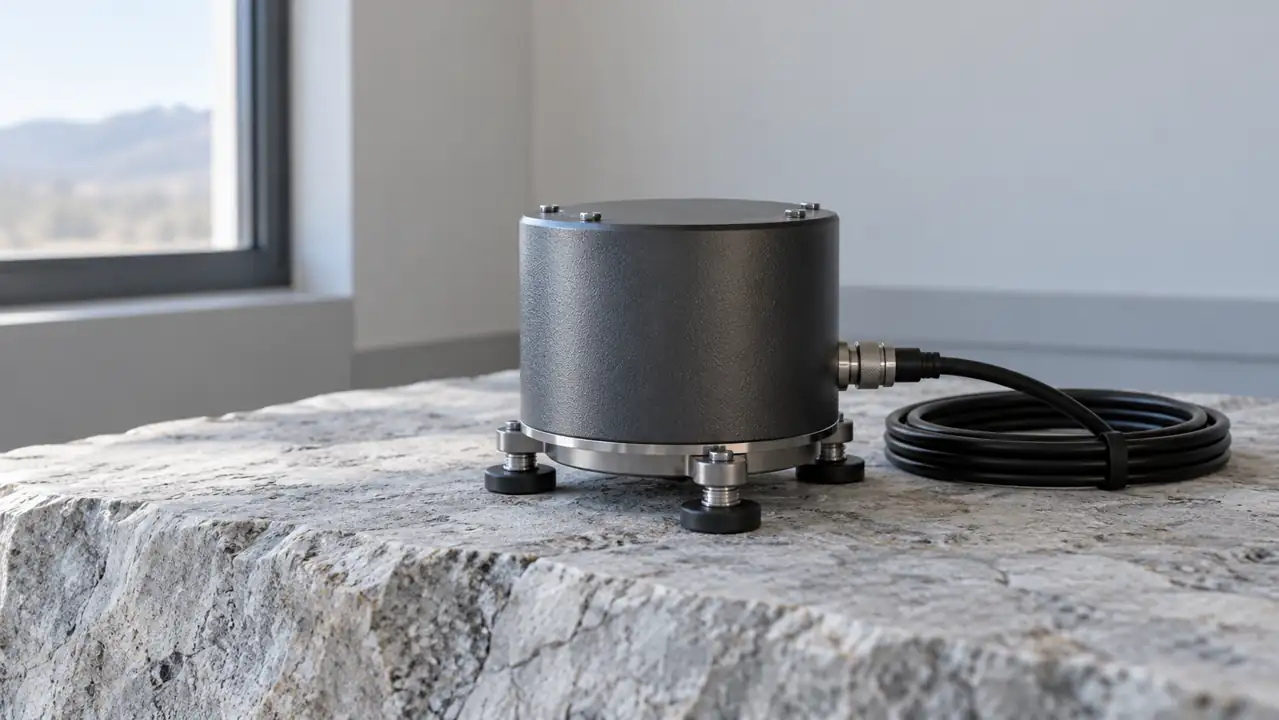 Seismic sensor and cable on a pale stone surface in a monitoring room