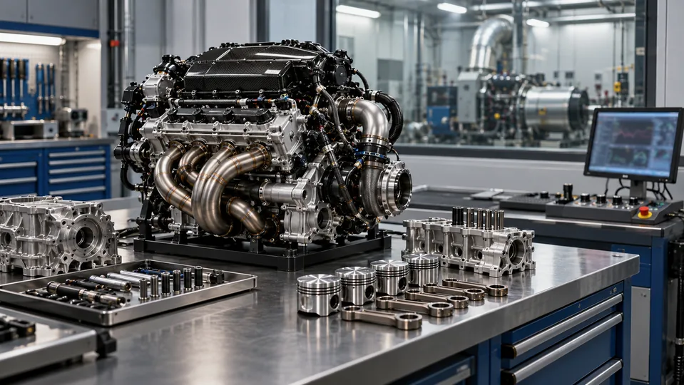 An engine and mechanical components on a workshop bench with a testing area behind