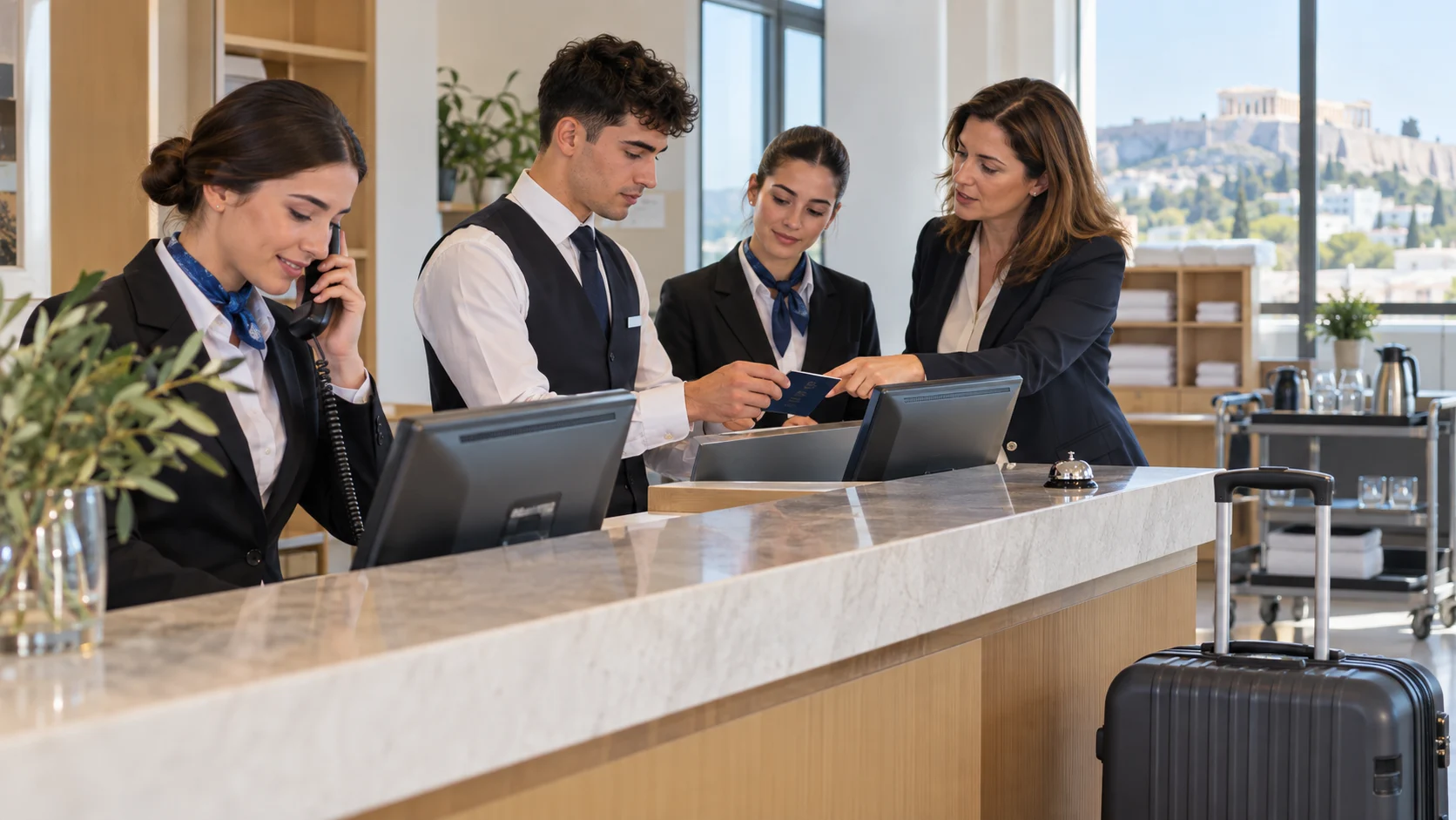 Adult trainees practising hotel reception skills in a classroom