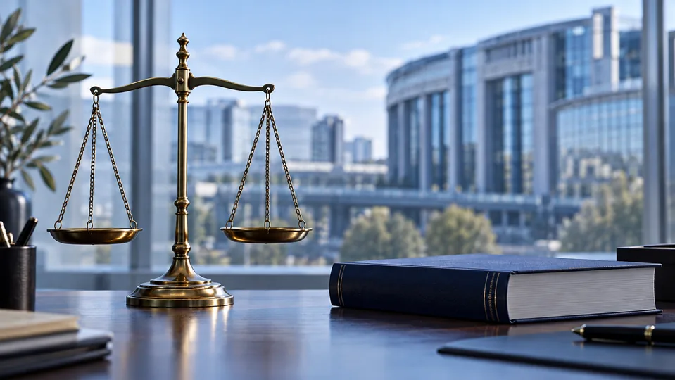 Justice scales and a closed blue book on a desk overlooking an institutional building