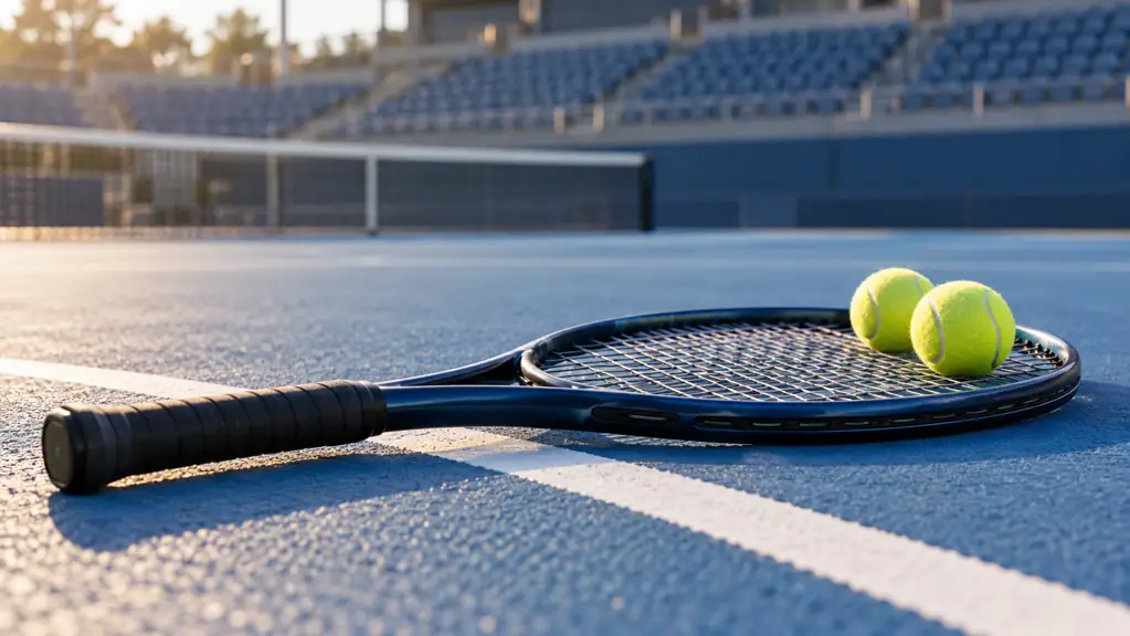Racket and two tennis balls on the white baseline of a blue hard court