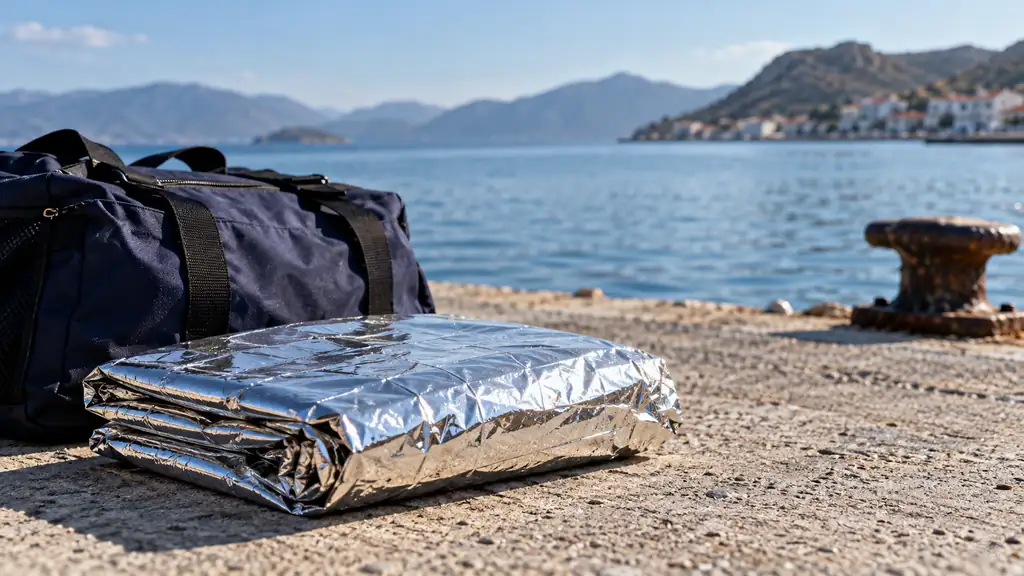 Folded silver rescue blanket and navy bag on a quiet harbour quay