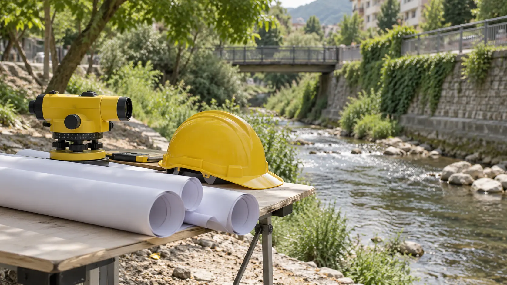 Survey instrument, plans and safety helmet beside an urban stream