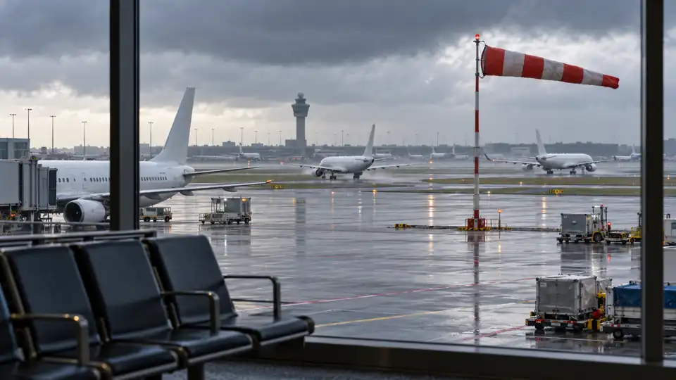 A windsock and aircraft on a wet airport apron seen through a terminal window