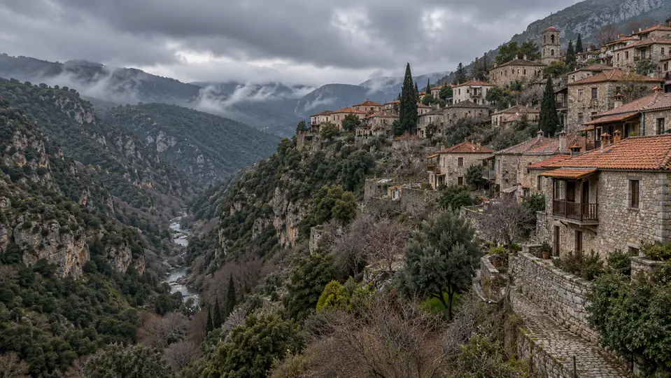 Stone village above a green mountain valley