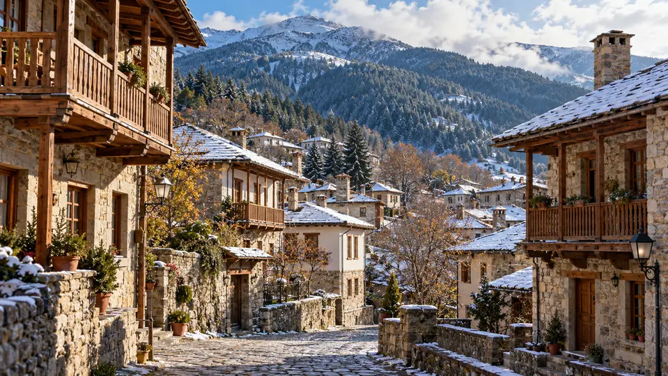 Stone houses and timber balconies in a mountain landscape
