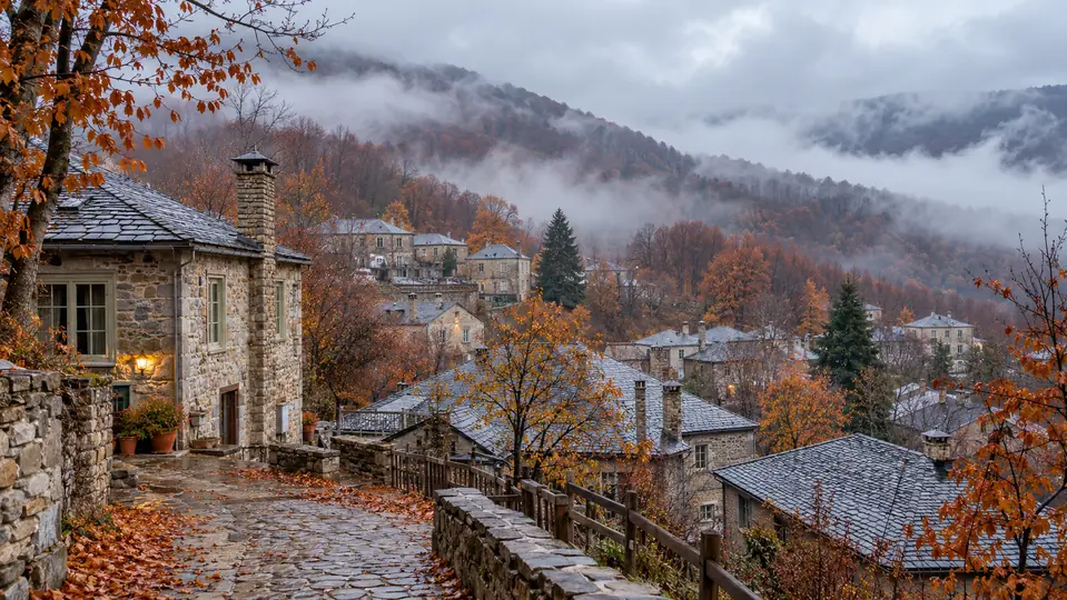 Stone village with slate roofs and misty woodland