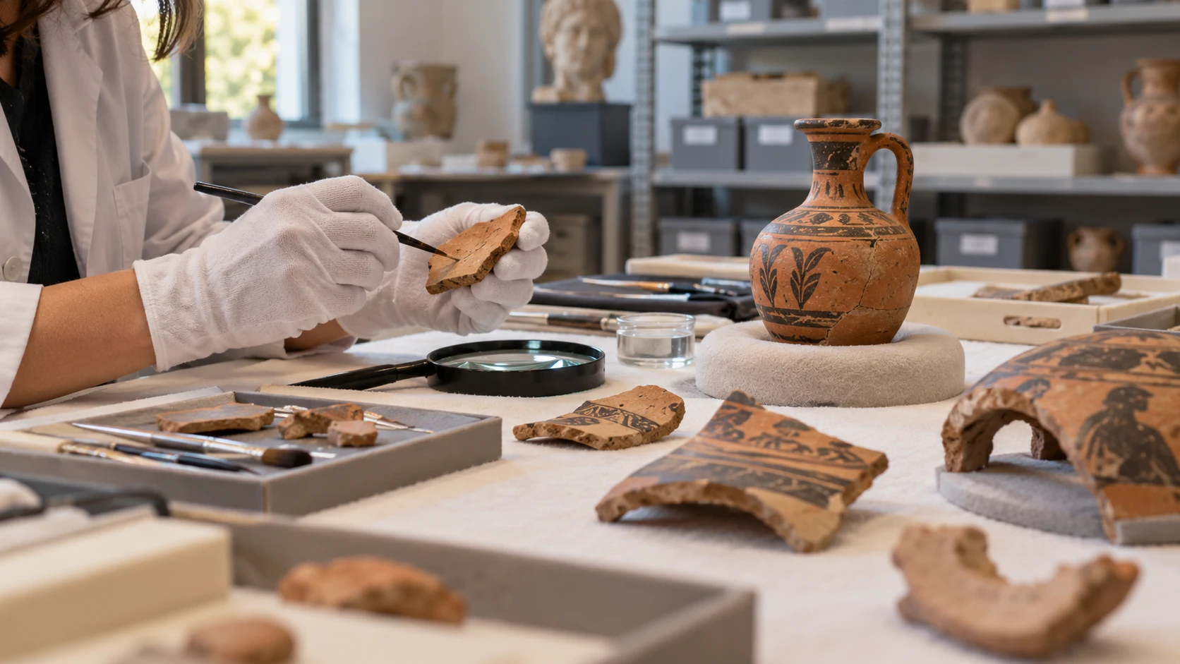 Conservation of a ceramic vessel and documentation of fragments in a laboratory