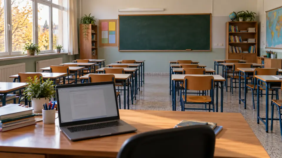 An empty classroom with desks and a laptop on the teacher’s desk