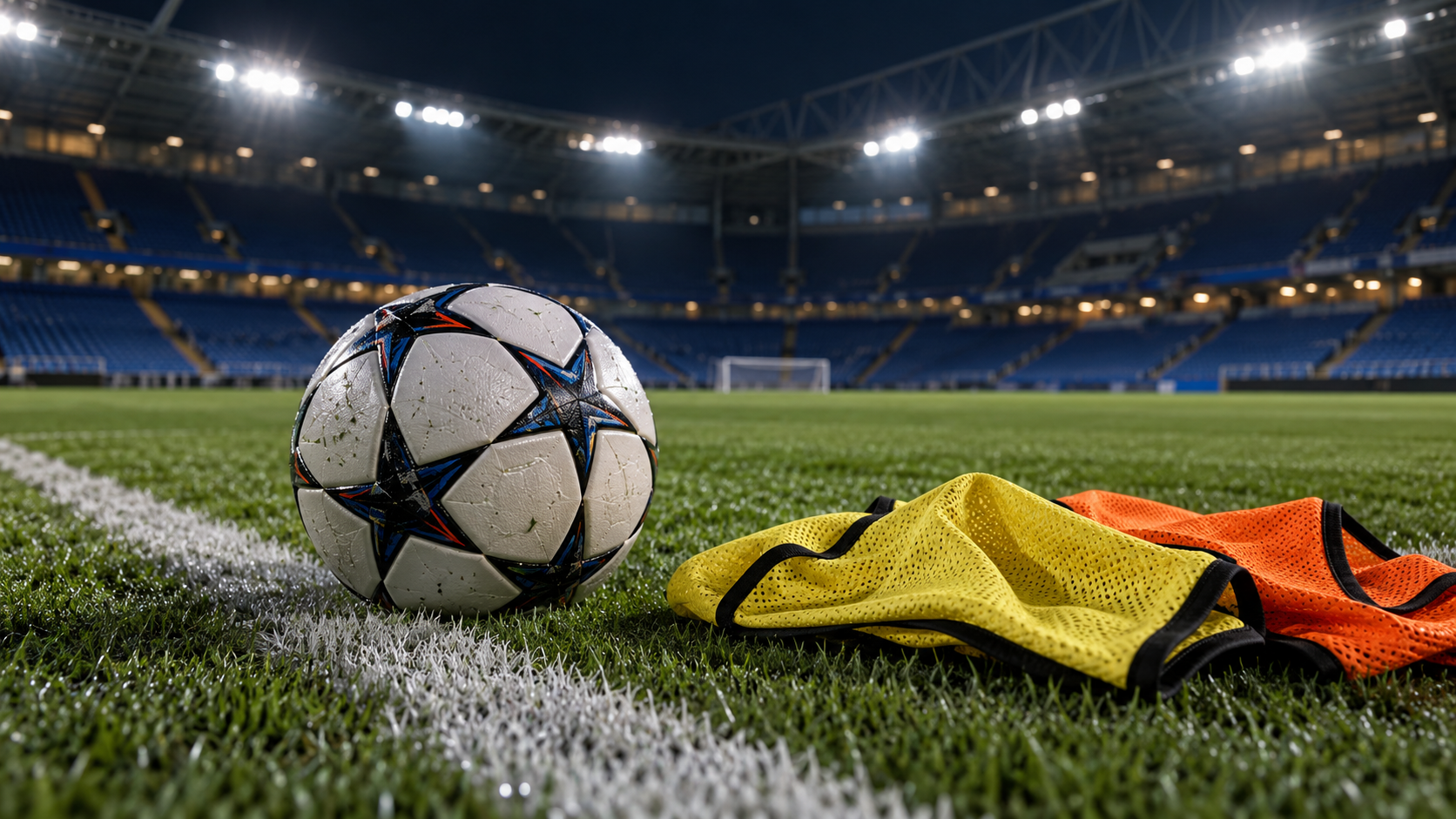 Football and yellow and orange training bibs on a floodlit pitch