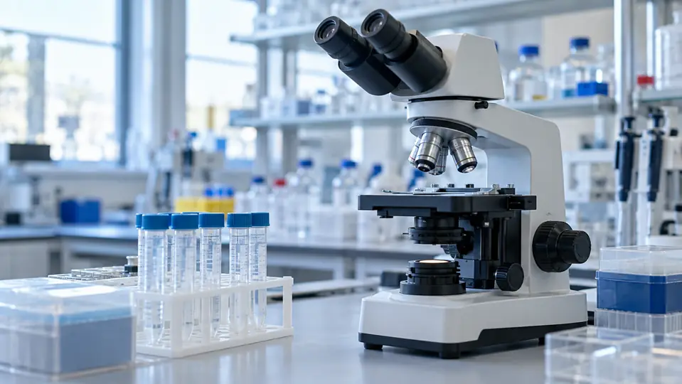 A microscope and closed specimen tubes on a medical laboratory bench