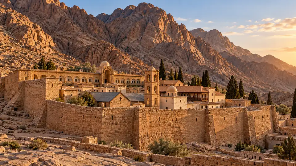 A stone Orthodox monastery complex at the foot of arid mountains
